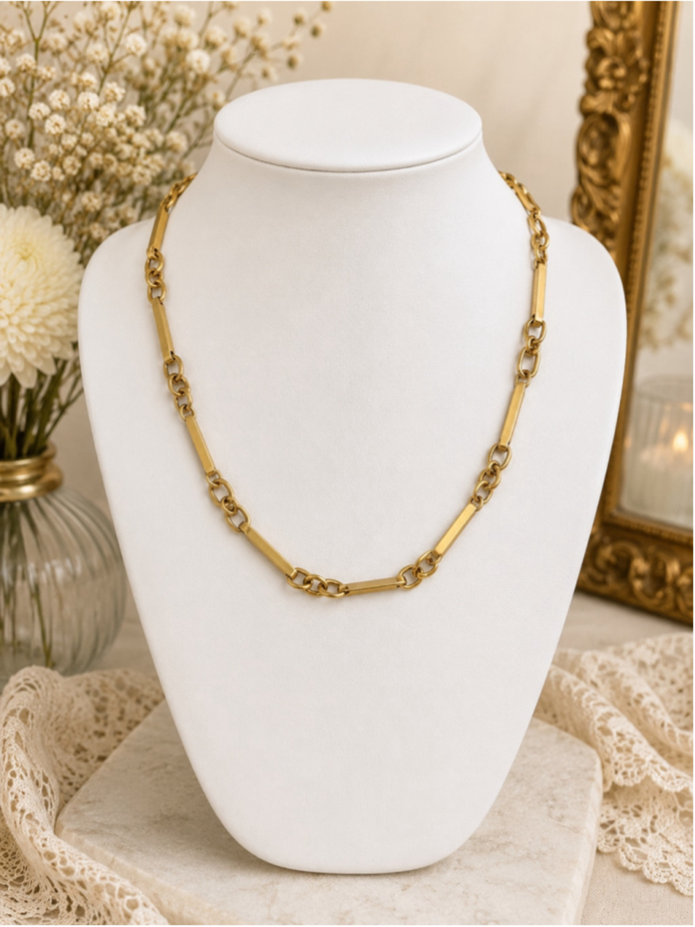 Vintage Gold Tone Bar Link Chain Necklace | Modern Geometric Link Design | 16"
